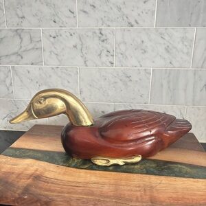 Vintage MCM 12” Brass and Wood Mallard Duck Decoy Figurine